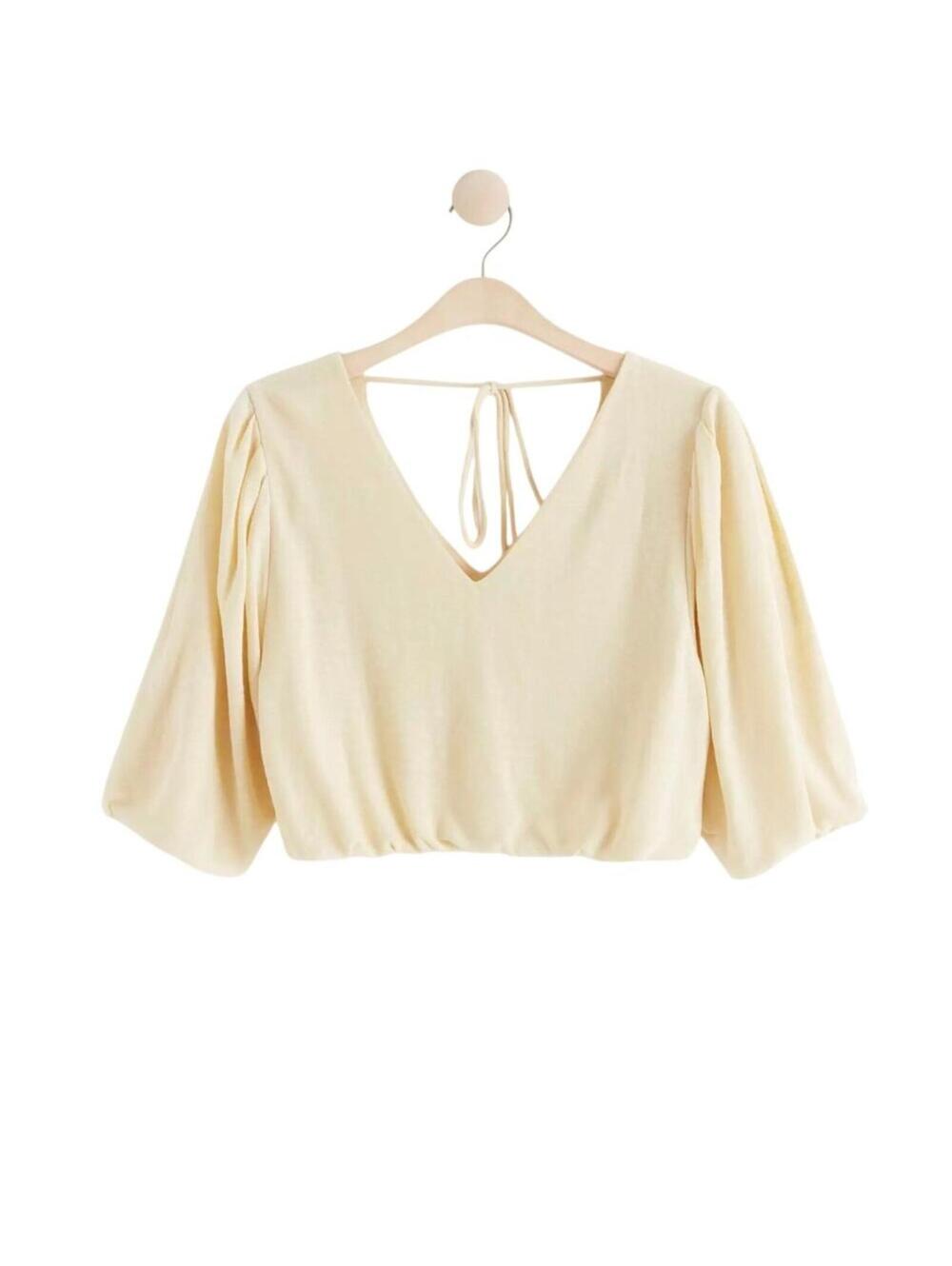 Lindex Vneck Crop Top Puff Sleeve light Yellow Womens Medium cottage festival